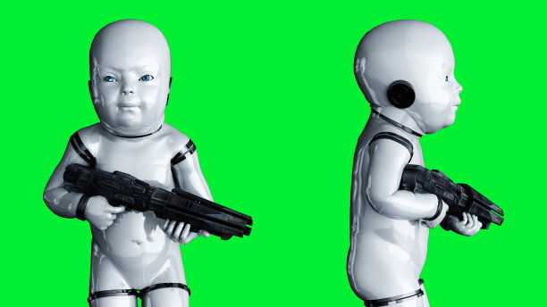 婴儿机器人隔离在绿色屏幕上。3 d渲染。图片下载