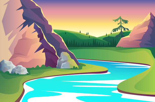 森林山水景观旅游概念。矢量平面设计插图图片下载