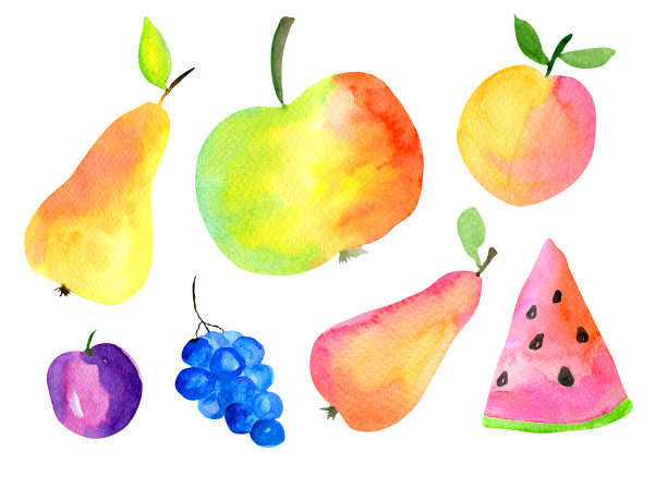 红、黄、橙多汁水果手绘插画。水彩梨，苹果，桃子，西瓜，葡萄，李子，设置孤立的白色背景。图片下载