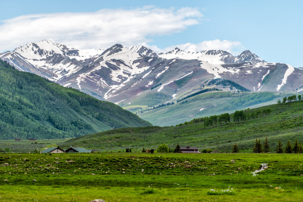 Mount Crested Butte附近的甘尼森，科罗拉多州的村庄在夏天与绿色的草小山和雪山高山草甸在初夏图片下载