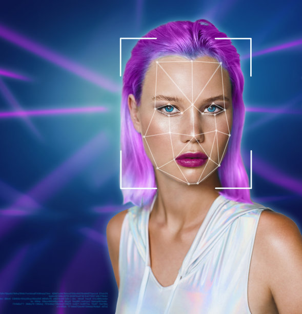 一个美丽的年轻女子的肖像在未来主义风格的背景紫外线线。图片下载
