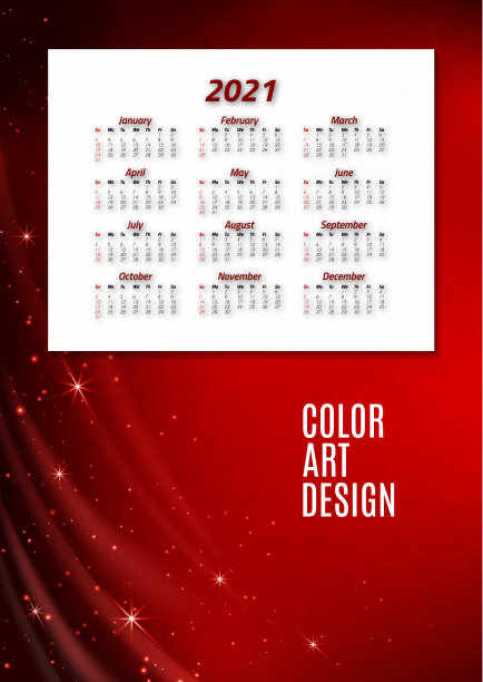 2021年的英文日历。一周从周日开始。办公用品设计。业务模板。抽象的彩色插图。图片下载