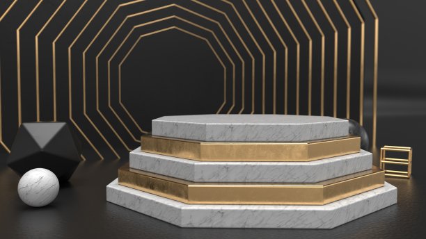 大理石和黄金讲台抽象3d插图。时尚设计模型图片下载