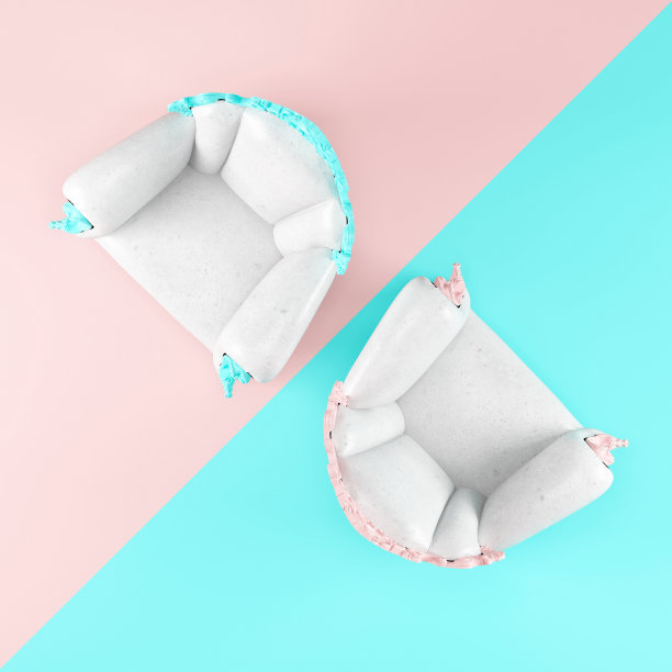 两个相对的白色椅子，与颜色，蓝色和粉红色的概念，俯视图，很酷的设计，背景，文本和复制，理念概念，3D插图图片下载