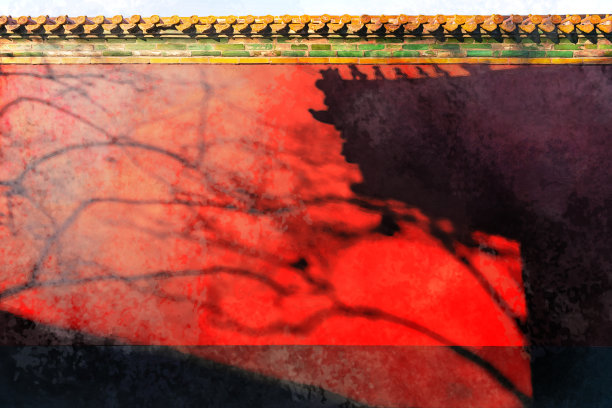 中国北京紫禁城红宫墙和装饰瓦屋顶上的树木和建筑阴影的彩色记号笔数码图片下载