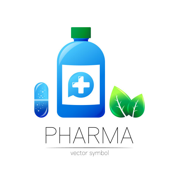 医药矢量符号，蓝色瓶子和十字圈，绿色叶子，药剂师，药店，医生和药品。现代设计标志上的白色。医药图标标志与丸胶囊图片下载