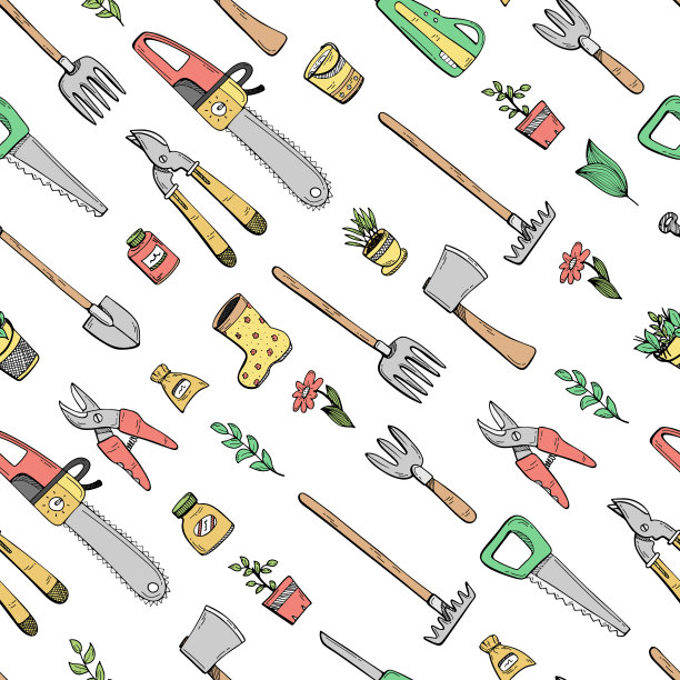 无缝的图案与手绘涂鸦关于一个乡村房子，花园设备，和种植蔬菜。图片下载