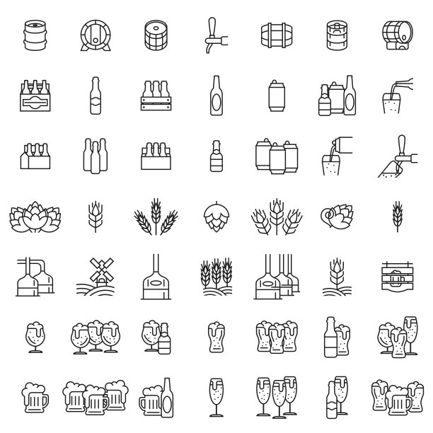 设置啤酒图标。玻璃杯的啤酒，啤酒花，麦芽，瓶子，罐头和桶的轮廓。矢量插图孤立在白色背景上设计和网页。图片下载