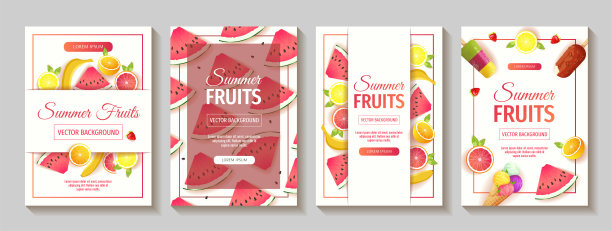 一组有新鲜水果的传单。西瓜，橙子，柚子，柠檬，香蕉，冰棒，冰淇淋蛋筒。图片下载