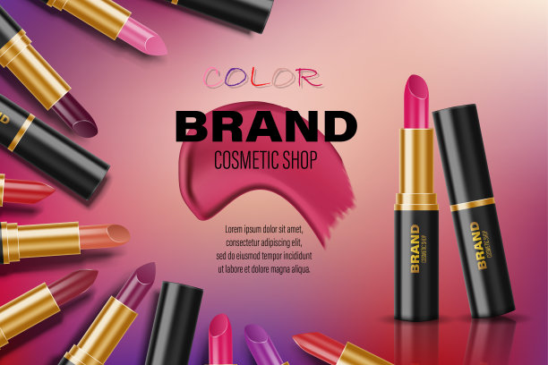 美丽口红广告。不同颜色的口红在一个圈为时尚的化妆品海报设计广告。3 d矢量图图片下载