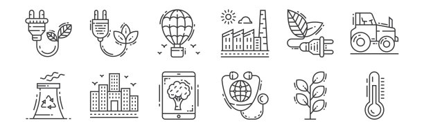 12个线性环境和生态图标。包含温度计、地球、建筑、能源、热气球、生态能源等细线条图标，适用于网页、移动端图片下载