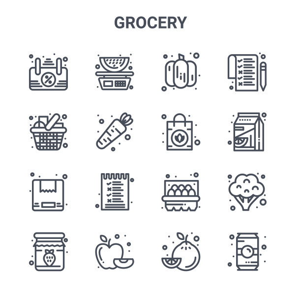 集16杂货概念矢量线图标。64x64细描图标，如西瓜，杂货店，橙汁，鸡蛋，苹果，饮料，柠檬，手提包，清单图片下载