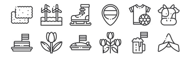 12套线性荷兰图标。细轮廓图标如荷兰，郁金香，郁金香，t恤，滑冰，风力农场为网络，移动。图片下载