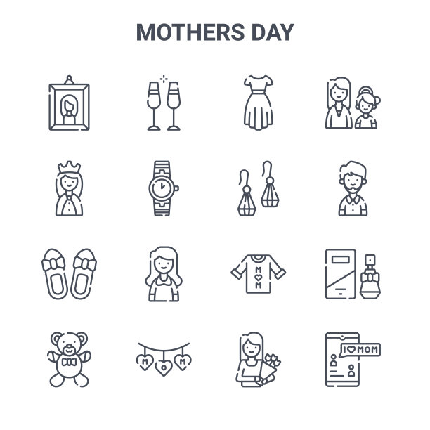 16个母亲节概念矢量线性图标，如鸡尾酒、女王、丈夫、母亲节、妈妈、短信、花束、耳环、母亲图片下载