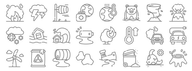 气候变化线性图标：线性集，如森林砍伐、垃圾、雪花、风能、二氧化碳、海啸、火山、全球变暖、雷暴等优质矢量线集图片下载