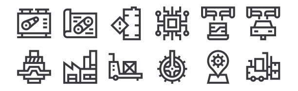 12套线性制造图标。瘦轮廓图标，如叉车，齿轮，工厂，笔记本电脑，危险，de for web，移动。图片下载