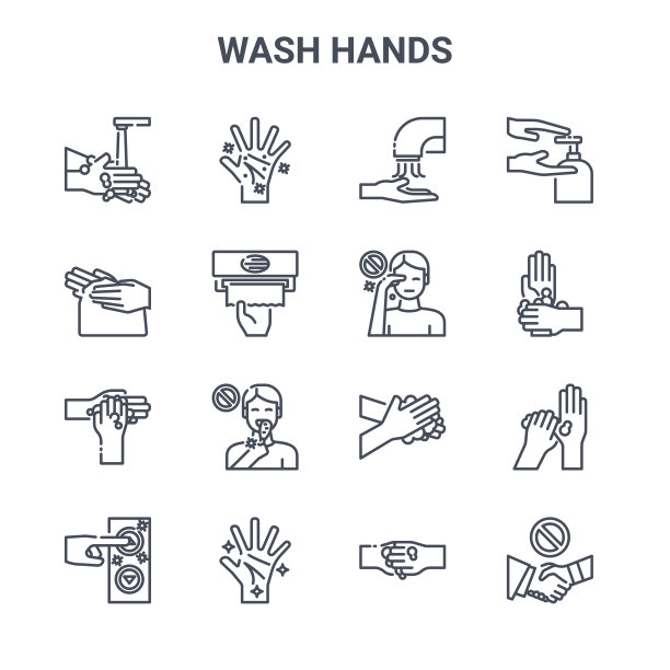 一套16洗手概念矢量线图标。64x64细笔画如洗手、洗手、洗手、摇洗手、洗人、洗手图片下载