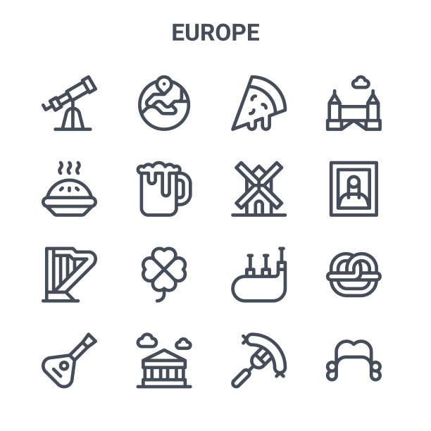 一组16欧洲概念向量线图标。欧洲，苹果派，蒙娜丽莎，风笛，帕特农神庙，假发，香肠，风车，塔桥图片下载