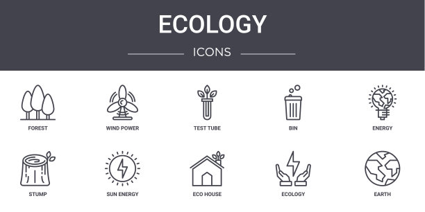 生态概念线图标集。包含图标可用的web，标志，用户界面/用户体验，如风能，bin，树桩，生态房子，生态，地球，能源，试管图片下载