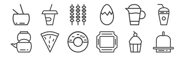 12套线性食物图标。如钟摆，食物托盘，披萨片，电水壶，烧烤，杯子的网页，移动。图片下载