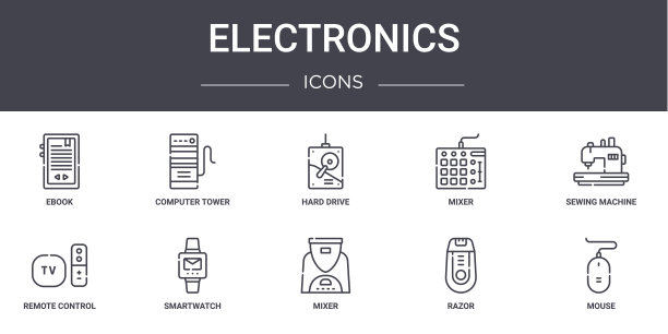 电子概念线图标集。包含可用于web, logo, ui/ux的图标，如计算机塔，混合器，遥控器，混合器，剃刀，鼠标，缝纫机，硬盘驱动器图片下载