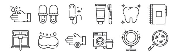 12套线性卫生例行图标。细轮廓图标，如细菌，洗衣机，海绵，牙齿，卫生棉条，拖鞋的web，移动。图片下载