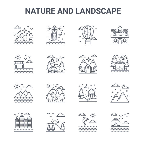一组16自然和景观概念向量线图标。64x64细描图标，如灯塔，大坝，房子，乡村房子，日出，海滩，海豚，房子，城堡图片下载
