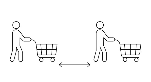在超市的标志上保持安全距离。两个人推着购物车行图标。图片下载