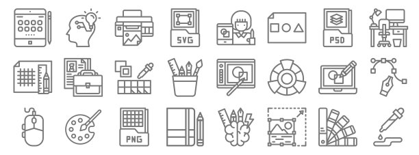 图形设计线条图标。线性集。质量矢量线集如颜色选择，照片编辑，素描簿，鼠标，绘制，色板，表格，图形绘制，创意图片下载