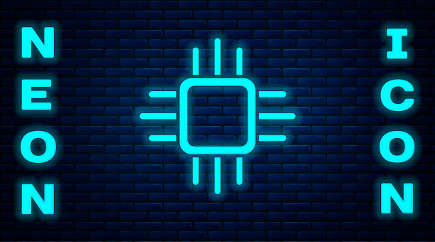 发光的霓虹灯计算机处理器微电路CPU图标隔离在砖墙背景上。带有电路板的芯片或cpu。微处理器。向量图片下载