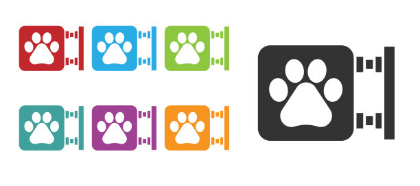 黑色兽医诊所标志图标孤立在白色背景。十字医院的迹象。一个程式化的爪印狗或猫。宠物急救标志。设置图标丰富多彩。向量图片下载