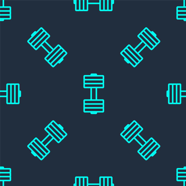 绿线哑铃图标隔离无缝模式上的蓝色背景。肌肉举重偶像，健身杠铃，健身房，运动器材，运动大哑铃。向量图片下载