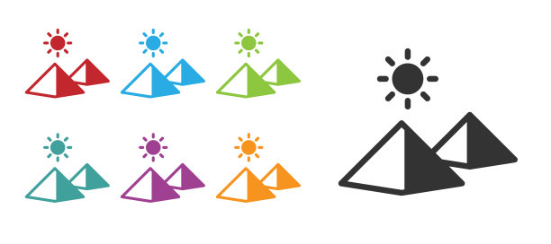 黑色埃及金字塔图标孤立在白色背景。古埃及的象征。设置图标丰富多彩。向量图片下载