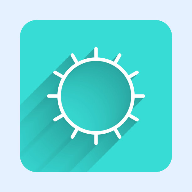 白色线条的太阳图标孤立与长阴影。夏天的象征。晴朗的一天。绿色方形按钮。向量图片下载