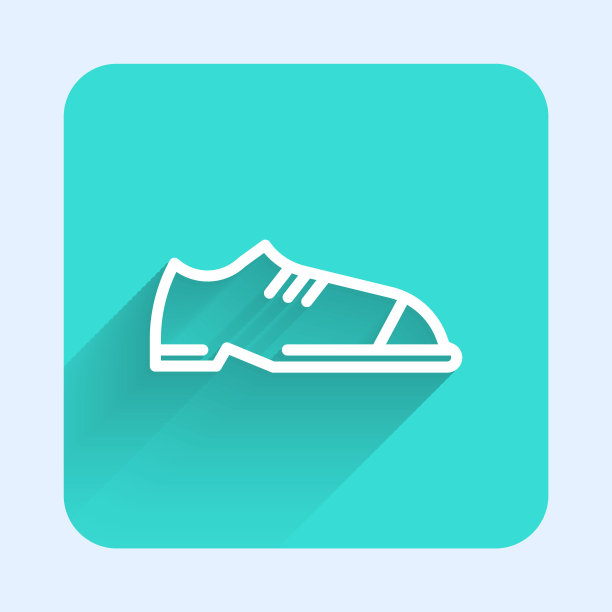 白色线男人鞋图标孤立与长影子。绿色广场按钮。向量图片下载