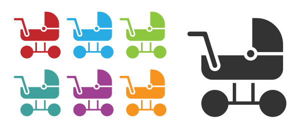 黑色婴儿婴儿车图标孤立的白色背景。婴儿车，手推车，婴儿车，手推车，手推车。设置图标丰富多彩。向量图片下载