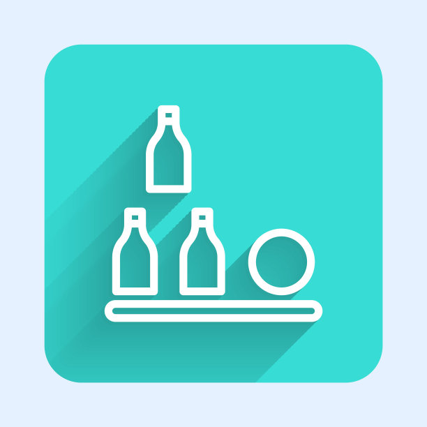 白色线瓶球图标孤立与长影子。绿色广场按钮。向量图片下载