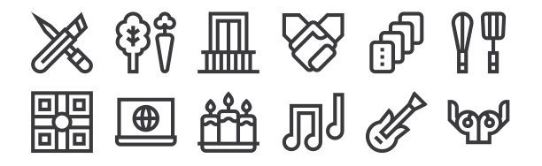 12套线性心理健康图标。瘦轮廓图标，如瑜伽姿势，音符，电脑，卡片，阳台，蔬菜为网络，移动。图片下载