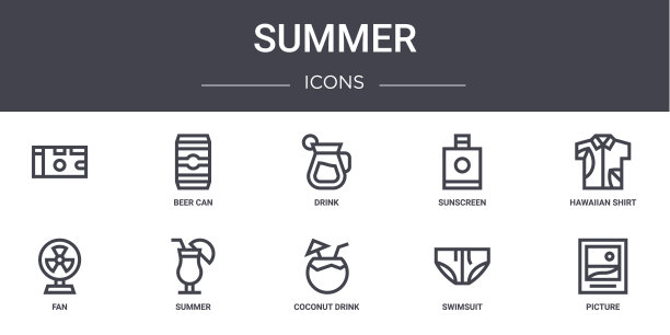 夏季概念线图标集。包含图标可用的web，标志，ui/ux，如啤酒罐，防晒霜，风扇，椰子饮料，泳衣，图片，夏威夷衬衫，饮料图片下载