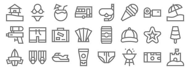 夏天一行图标。线性集。优质矢量线集沙堡、烧烤、防晒、冲浪、海星、行李、沙滩伞、潜水面罩、泳衣等图片下载