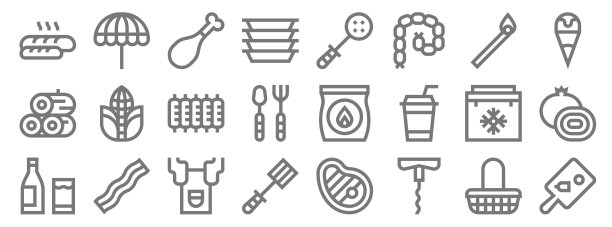 烧烤线性图标。线性集合。高质量的矢量线性集合，例如砧板、开瓶器、铲子、橙汁、便携式冰箱、肋骨、冰淇淋、铲子、遮阳伞图片下载