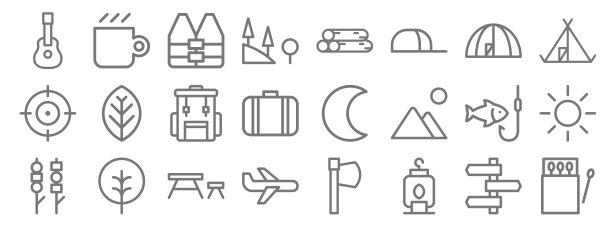 露营一行图标。线性集。品质矢量线集如火柴、灯具、平面、沙茶、钓鱼、背包、帐篷、木材、咖啡等图片下载