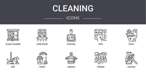 清洁概念线图标集。包含图标可用的web，徽标，ui/ux，如烘手机，擦拭，拖把，衣架，海绵，除尘，厕所，簸箕图片下载