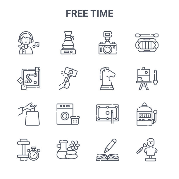集16自由时间概念向量线图标。64x64细描图标，如咖啡机，棋盘游戏，绘画，台球，温泉，雕塑，写作，马，漂流图片下载