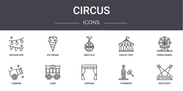 马戏团概念线图标集。包含可用于web, logo, ui/ux的图标，如冰淇淋，马戏团帐篷，大炮，窗帘，强度，聚光灯，摩天轮，独轮车图片下载