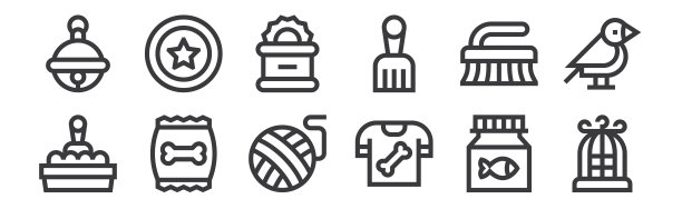 12套线性宠物商店图标。瘦轮廓图标，如鸟笼，宠物，宠物食品，刷子，罐头食品，飞盘为网页，移动。图片下载