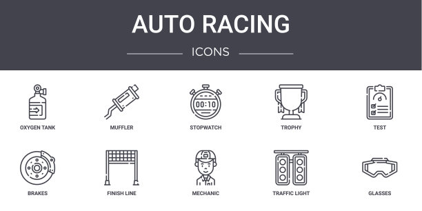 赛车概念线图标设置。包含图标可用的web，标志，ui/ux，如消声器，奖杯，刹车，机械，交通灯，眼镜，测试，秒表图片下载