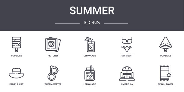 夏季概念线图标集。包含图标可用的web，标志，ui/ux，如图片，泳衣，帽子，柠檬水，雨伞，海滩毛巾，冰棒，柠檬水图片下载