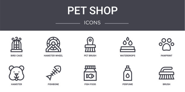 宠物店概念线图标集。包含图标，可用于web，徽标，ui/ux，如仓鼠轮，水滴，仓鼠，鱼食物，香水，刷子，爪印，宠物刷图片下载