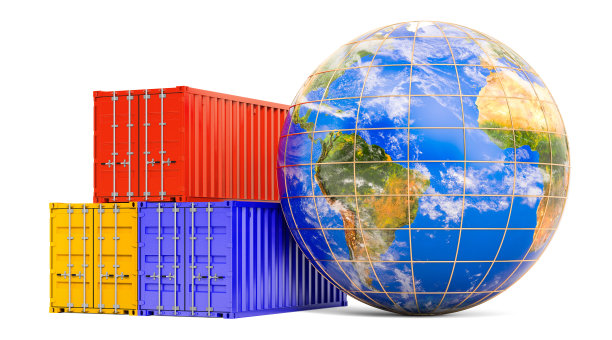 地球仪和货物集装箱。全球货物运输和交付概念，3D渲染孤立的白色背景图片下载